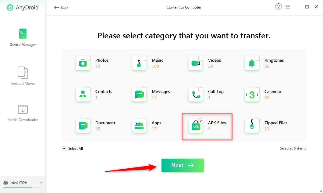 Click on APK Files and Tap on Next