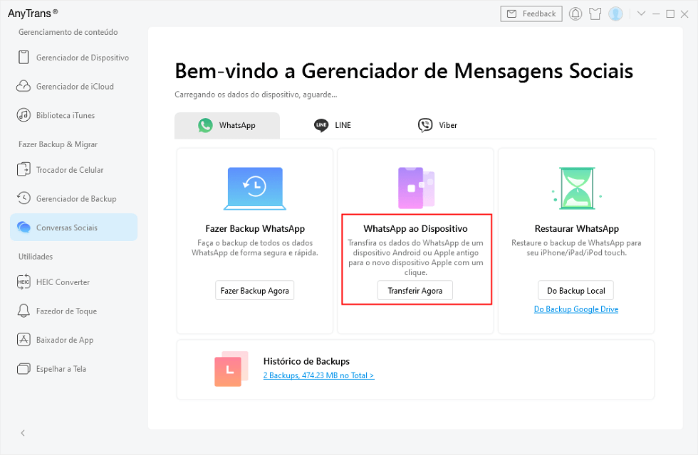 Escolher WhatsApp ao Dispositivo no AnyTrans