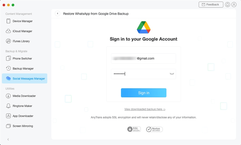 AnyTrans - Melden Sie sich bei Ihrem Google-Konto an