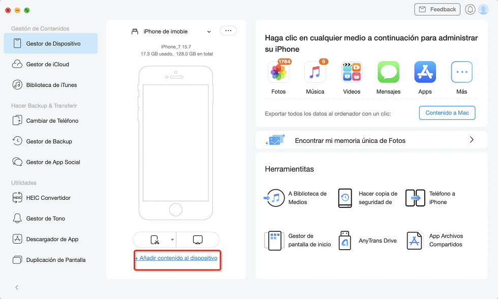 Conecta tu iPhone a tu Mac con un cable de USB para pasar videos y fotos de Mac a iPhone