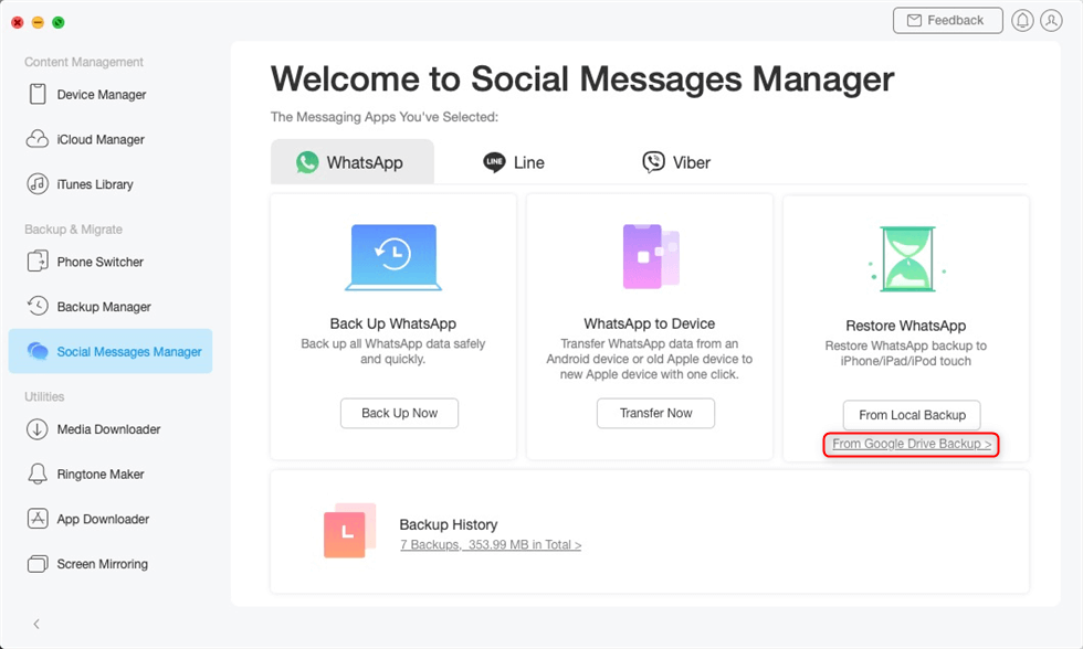 AnyTrans - WhatsApp Backup von Google-Drive speichern