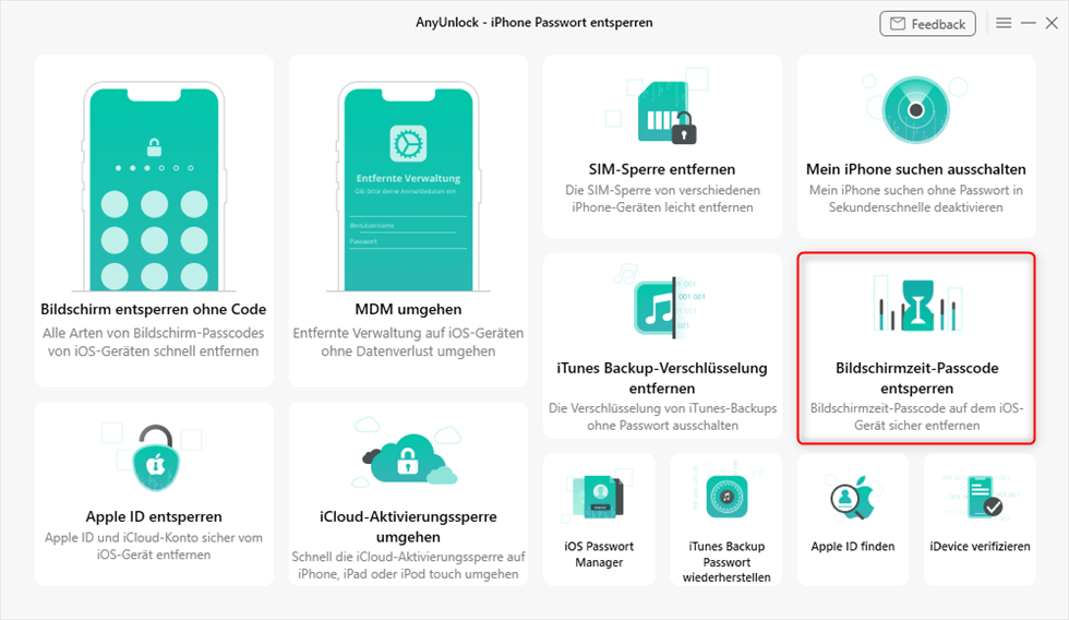 AnyUnlock-Bildschirmzeit-Passcode entsperren