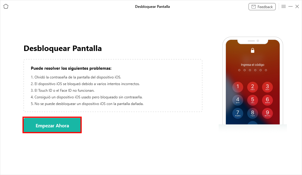 Haga clic en Empezar Ahora para Software para desbloquear iPad