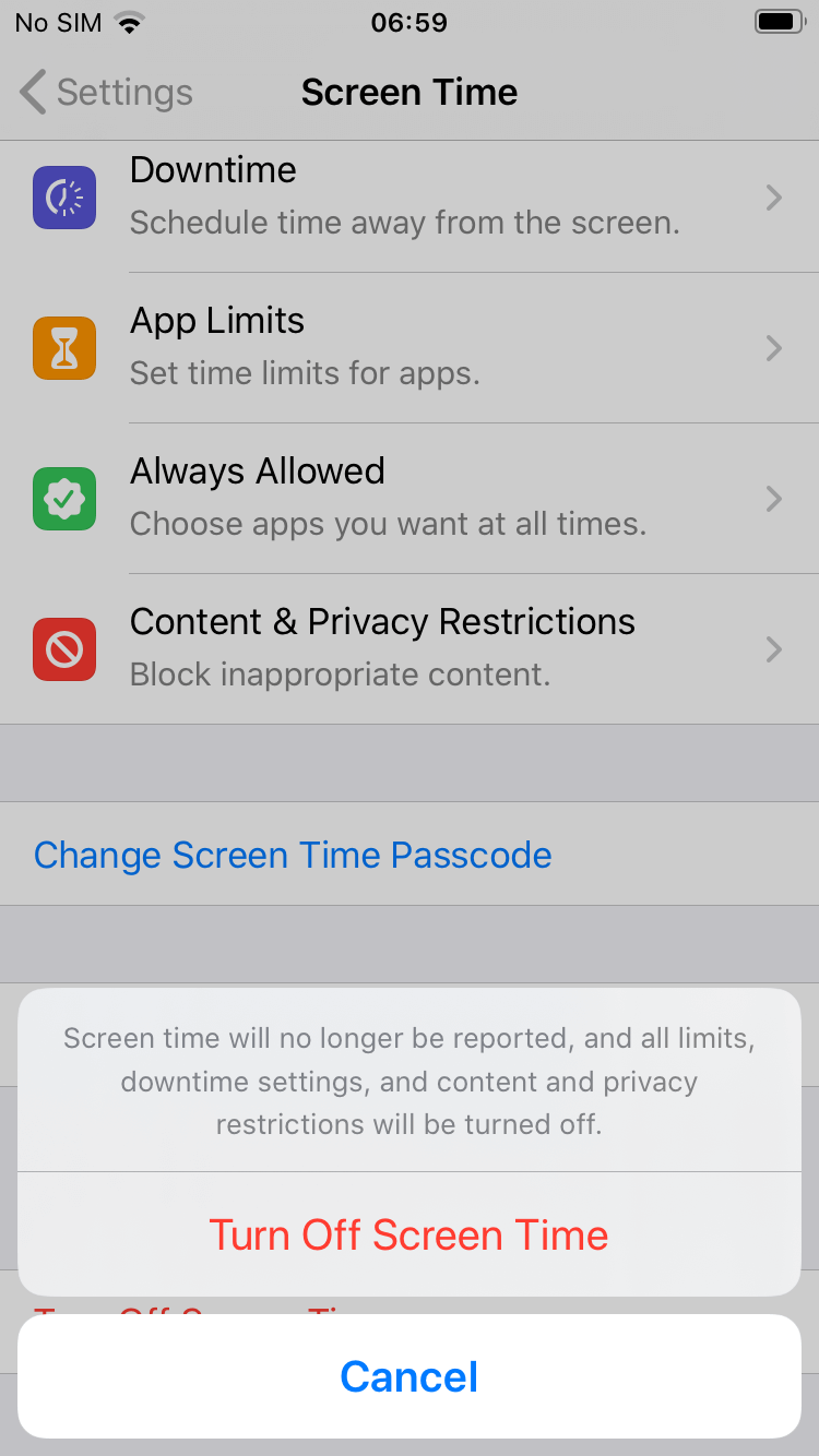Cell phone with Change Screen Time highlighted