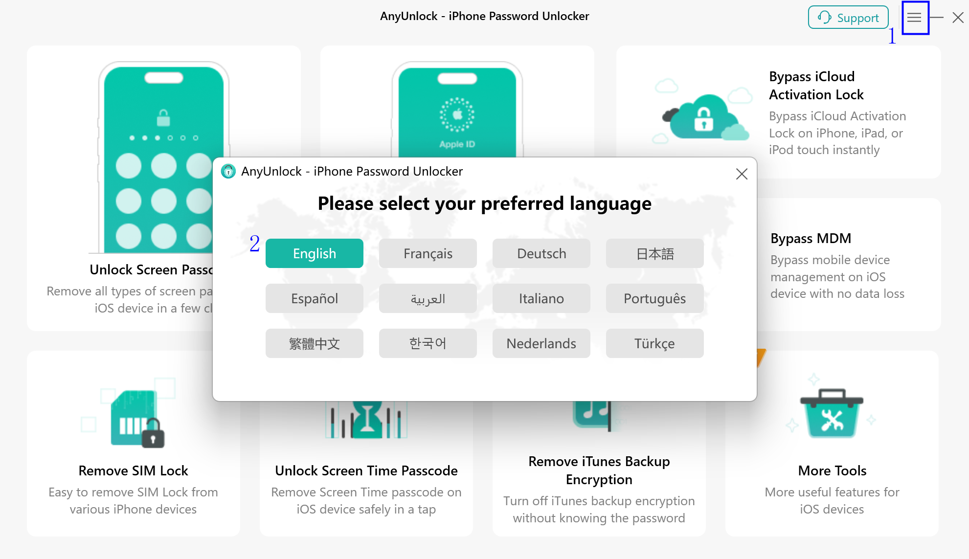 Screenshot with multiple languages