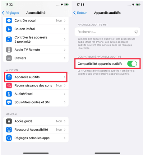 Activez Compatibilité appareils auditifs