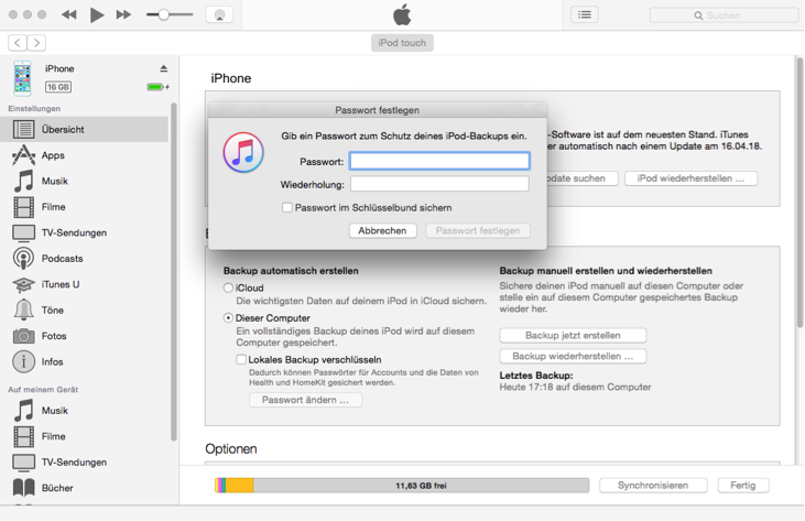 Backup Passwort vergessen Apple – neues Backup erstellen