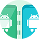 Blue and green robot icon with white robot