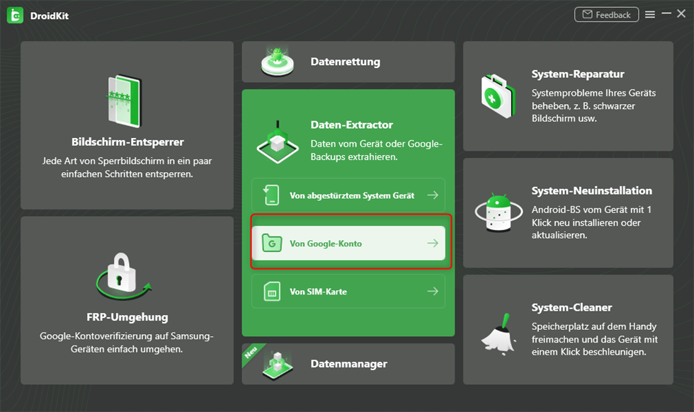 Auf „Daten von Google-Konto extrahieren“ klicken