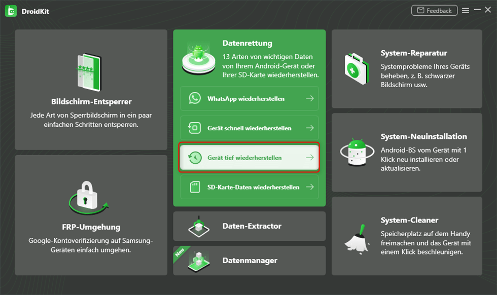 Auf „Datenrettung“ klicken, um verlorene Daten zu rettten