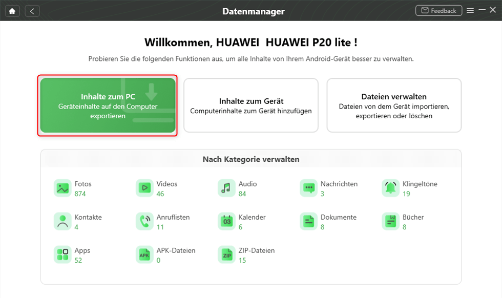 Auf „Inhalte zum PC“ klicken