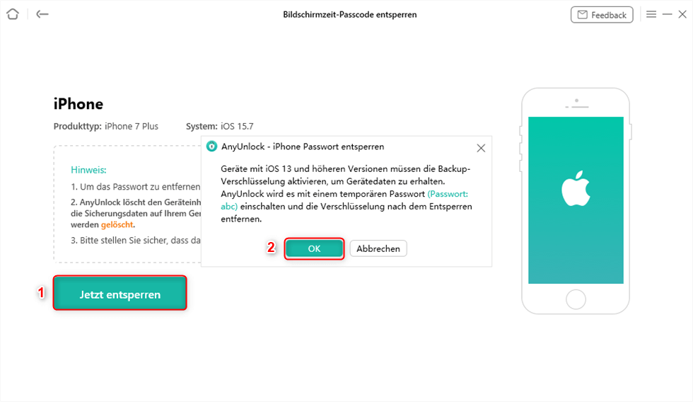 Auf „Jetzt entsperren“ klicken und einen Passcode einrichten