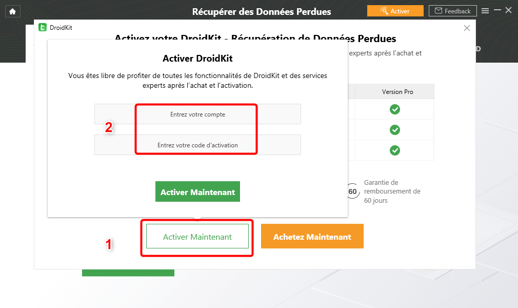 Entrez l'adresse e-mail et le code d'activation