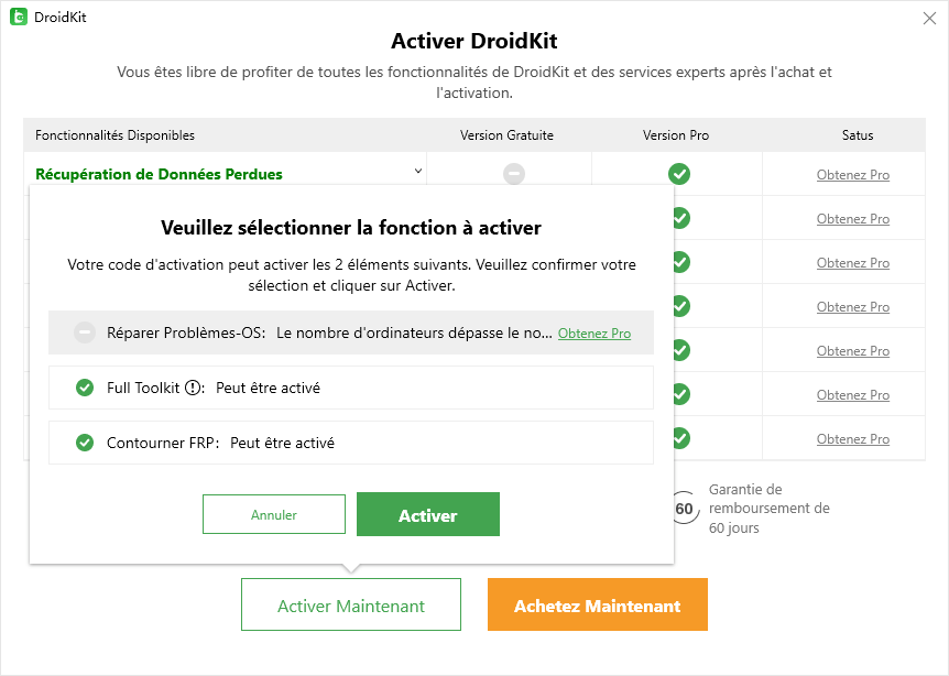 Sélectionnez les fonctionnalités à activer