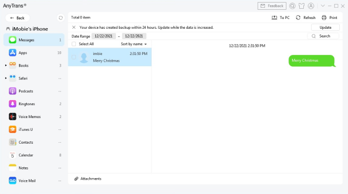 Screenshot of cell phone with message