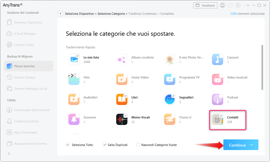 Controlla la casella dei contatti per trasferire
