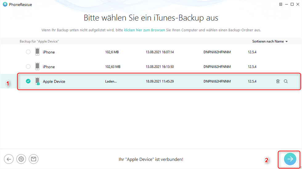 Das verschlüsselte Backup wählen