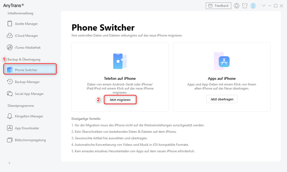 Daten jetzt migrieren unter Phone Switcher