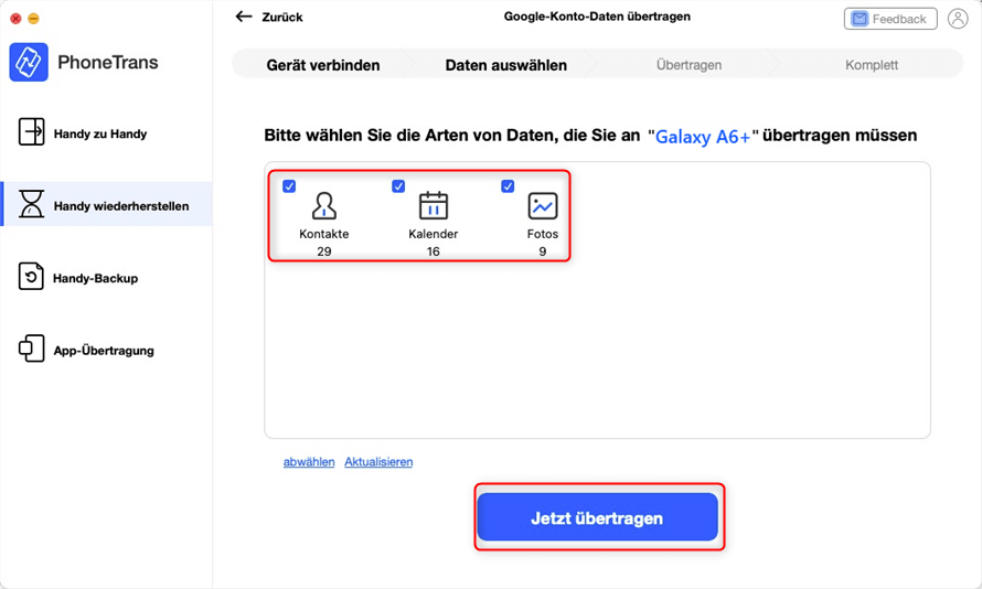 Datentypen auswählen PhoneTrans
