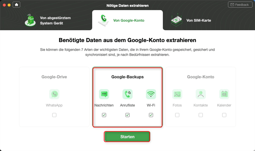 Datentypen in Google-Sicherung wählen