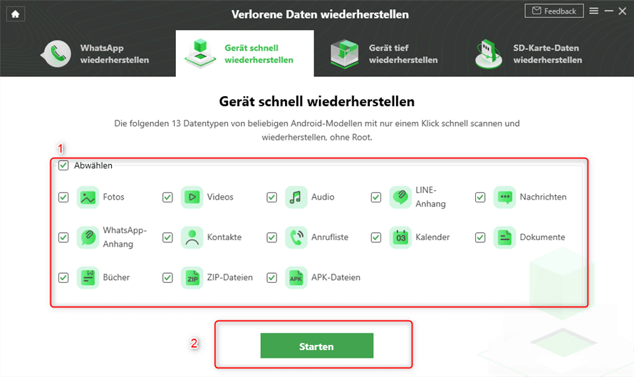 Die gewünschten Datentypen auswählen
