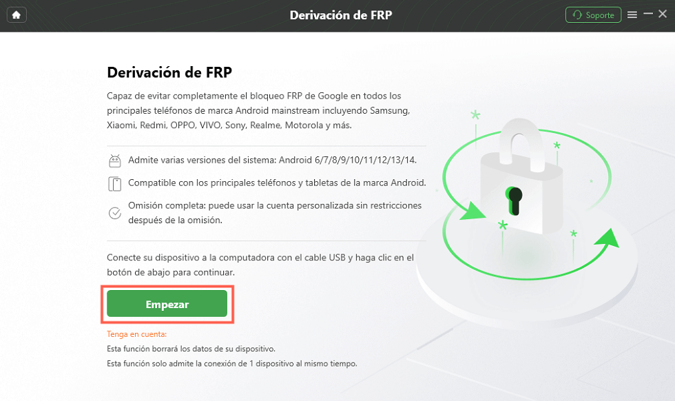 Conecta el celular y pincha en Empezar – Bypass Celular Xiaomi
