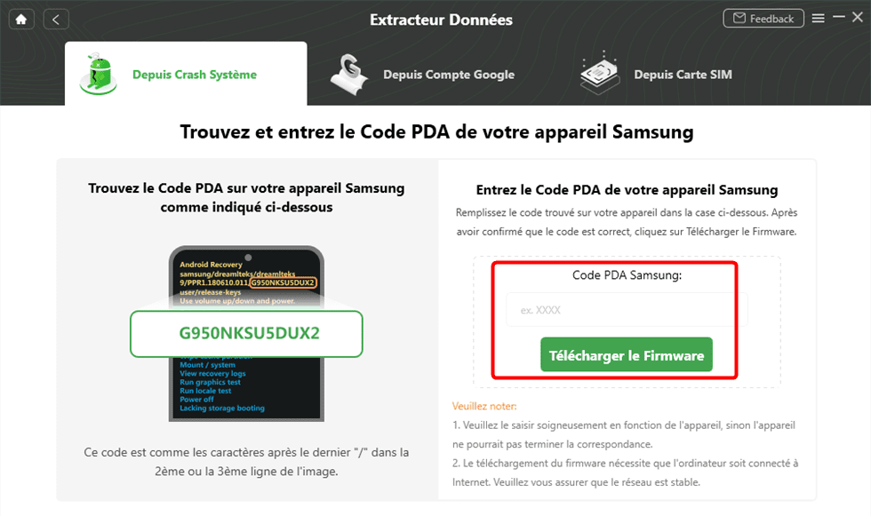 Saisissez le code PDA