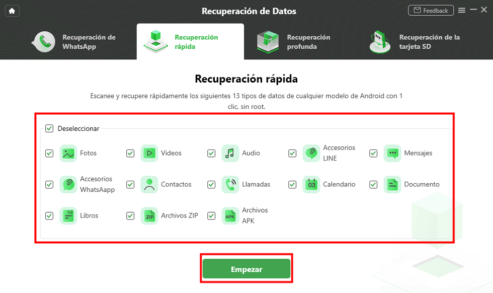 Selecciona los tipos de datos que quieres recuperar archivos borrados def