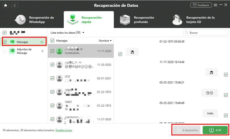 Selecciona mensajes para recuperar mensajes de texto borrados en Xiaomi