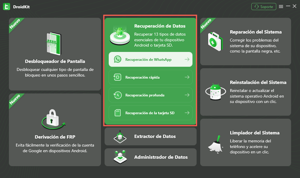 En DroidKit selecciona Recuperación de WhatsApp