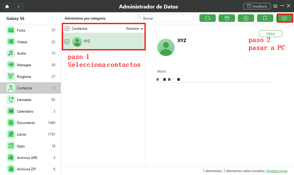 Selecciona contactos para transferir a PC