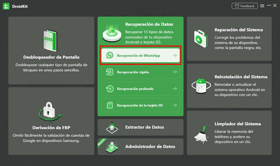 En DroidKit selecciona Recuperación de WhatsApp