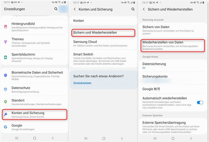 Einstellungen aufrufen zur Wiederherstellung