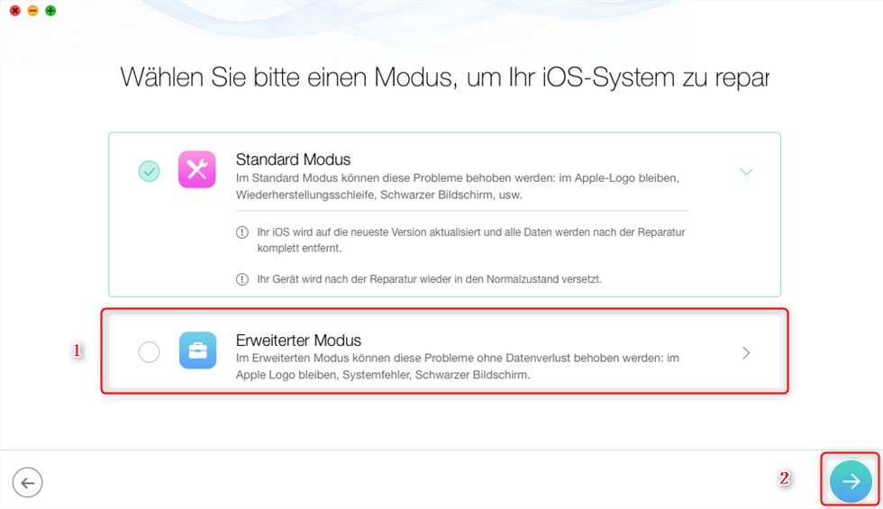 „Erweiterter Modus“ auswählen