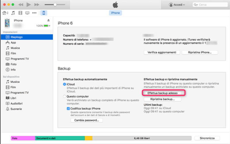 Esegui il backup del vecchio iPhone con iTunes
