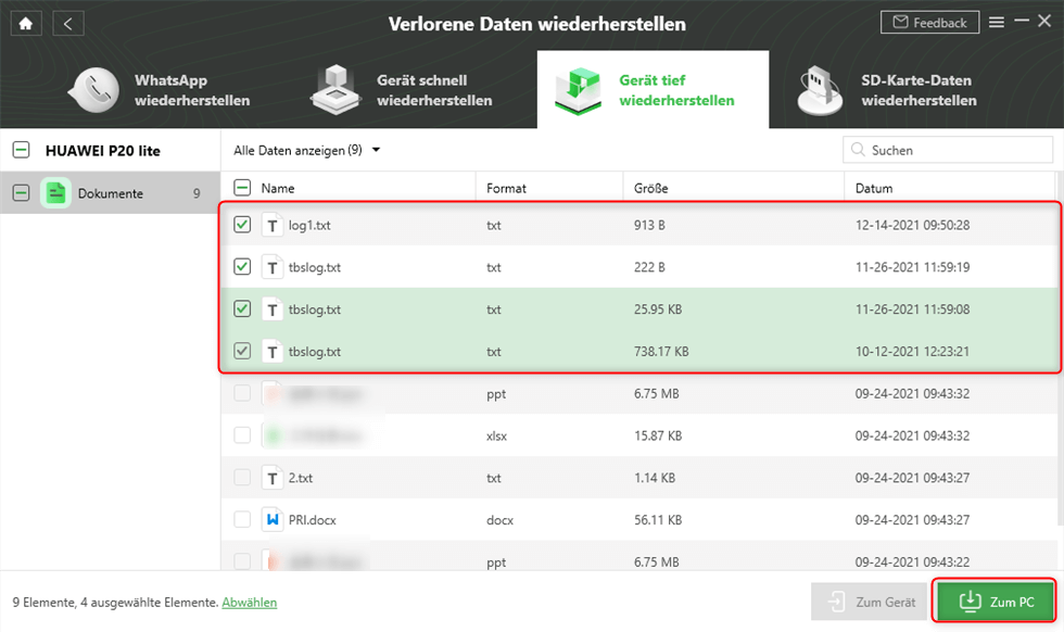 Genaue Dateien wählen zur Wiederherstellung