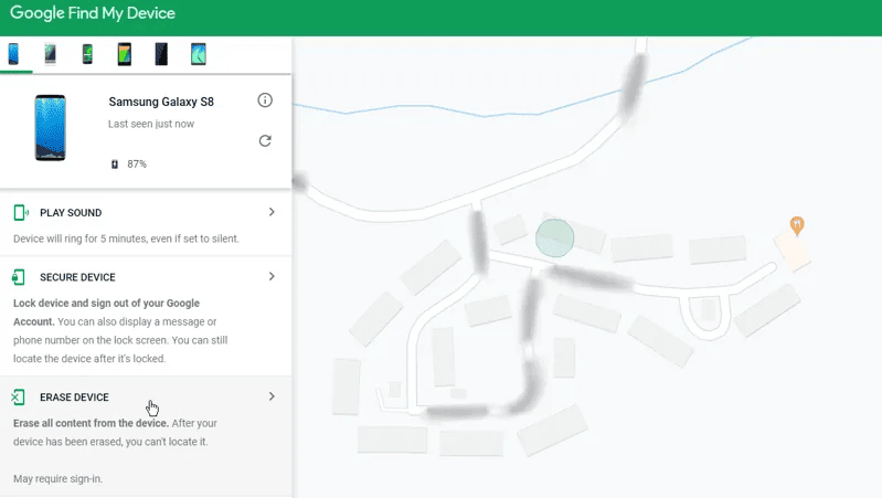 Erase Device in Google Find My Device