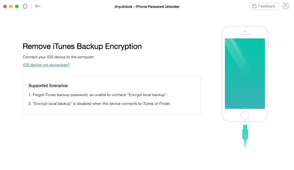 Cell phone with Remove iTunes Backup Encryption highlighted