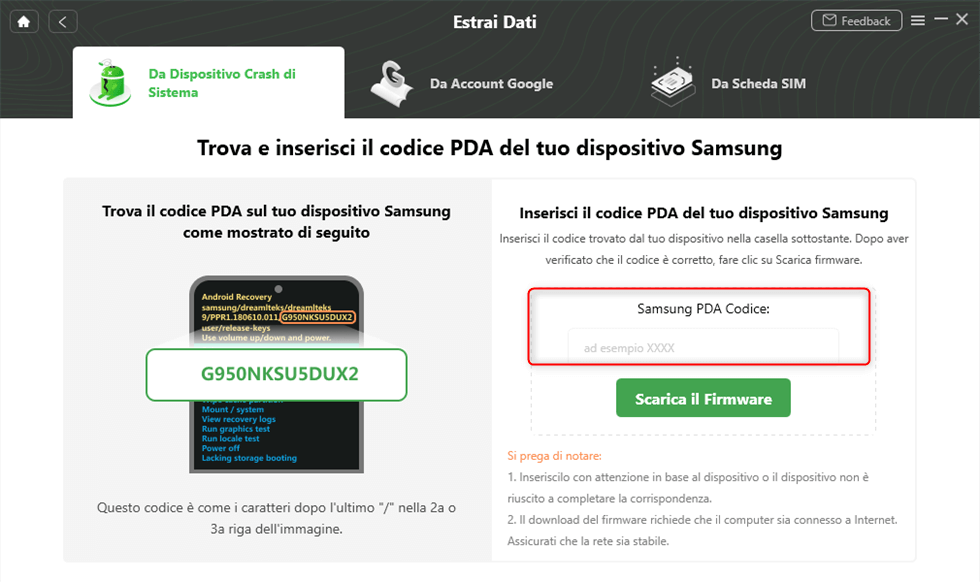 Inserisci il codice PDA