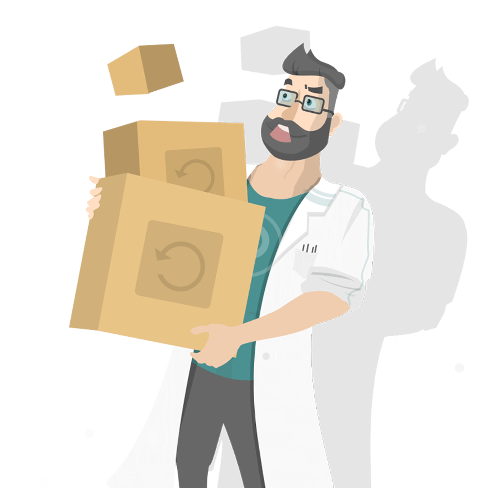Hombre en bata de laboratorio con caja