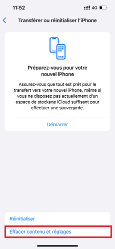 Effacer contenu et réglages