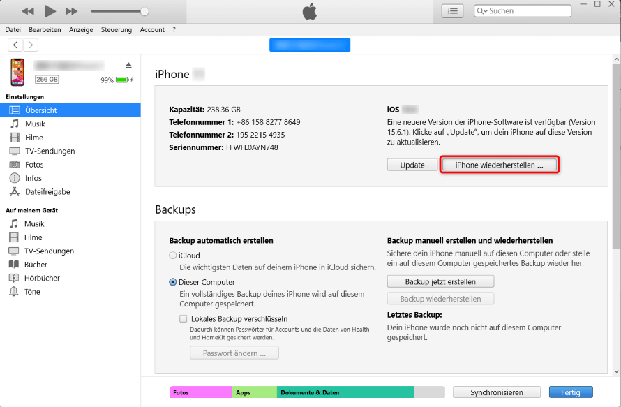 iPhone wiederherstellen，um Entsperrcode zu entfernen