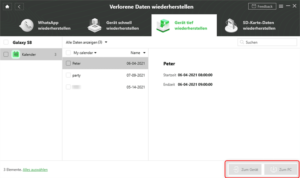 Kalender widerherstellen - Zum PC oder Gerät