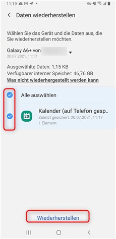 Kalender wiederherstellen über Samsung