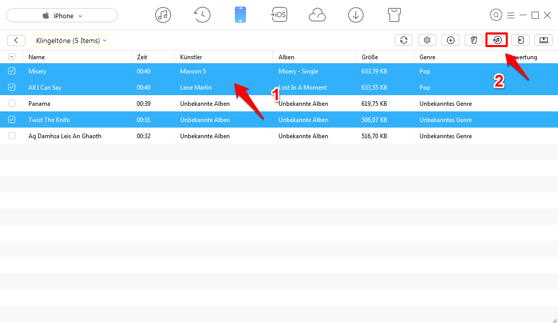 Direkt! KlingeltÃ¶ne vom iPhone auf iTunes Ã¼bertragen â Schritt 2