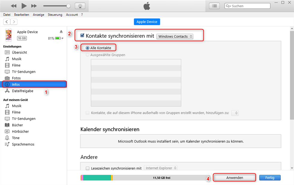 Kontakte synchronisieren über iTunes