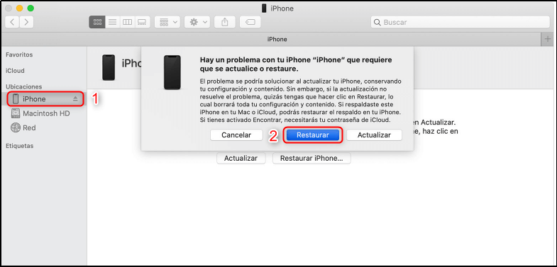 Selecciona Restaurar tu iPhone para borrar todos los datos y ajustes