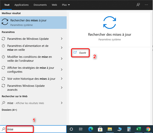 Menu des mises à jour de Windows