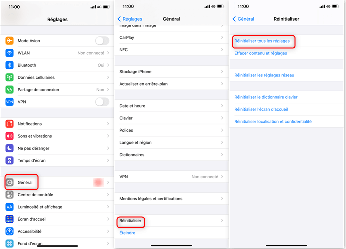 Réinitialiser iPhone dans les réglages