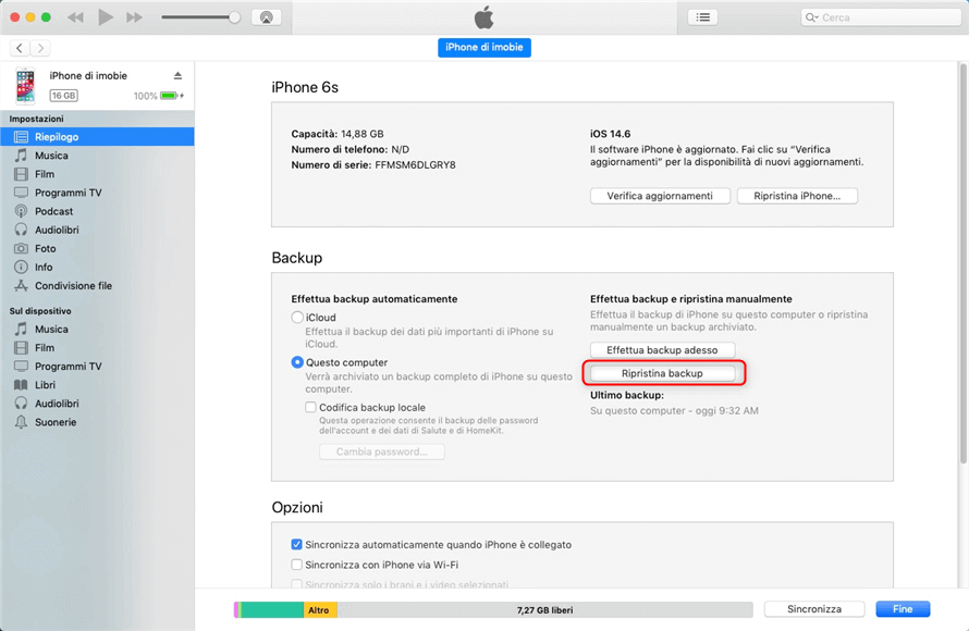 ripristina dati dal backup di itunes